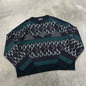 Vintage Impact Geometric Pattern Knit Crewneck Sweater Leather Trim Size 2XL